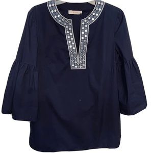 Tory Burch Ariana Tunic Top Embellished Navy Blue Bell Sleeve Cotton Stretch 10